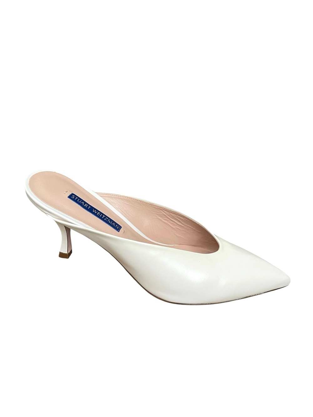Stuart Weitzman Lulah Leather Pointed-Toe Slip-On Kitten Heel Mules Shoes White